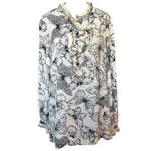 Lela Rose Butterfly Ruffle Top Size Large Black White Multi Color